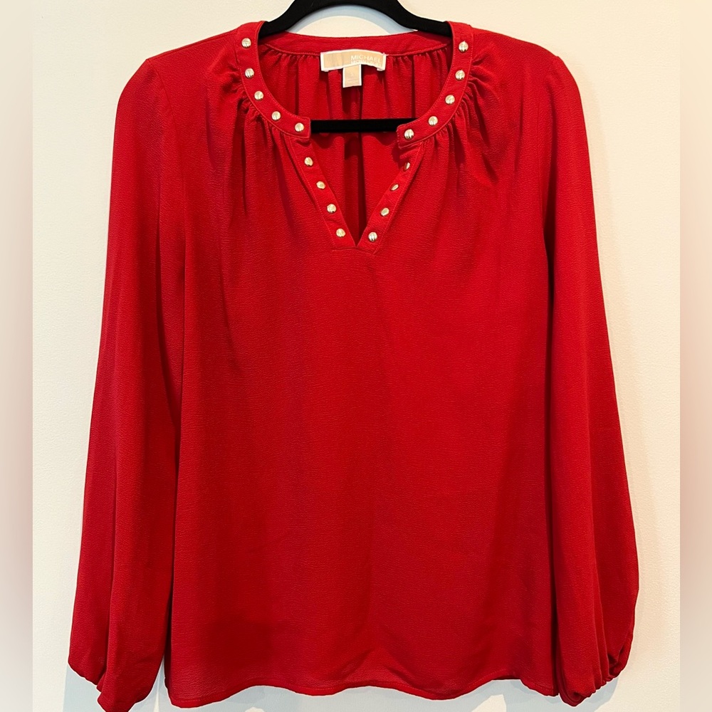 Michael Kors Red Orange Long Sleeve Top with Gold Studded Neckline